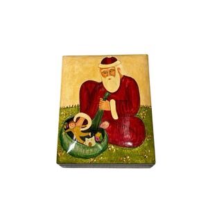 Vintage Hand Painted‎ Christmas Santa Folk Art  Trinket Jewelry Collectors Box
